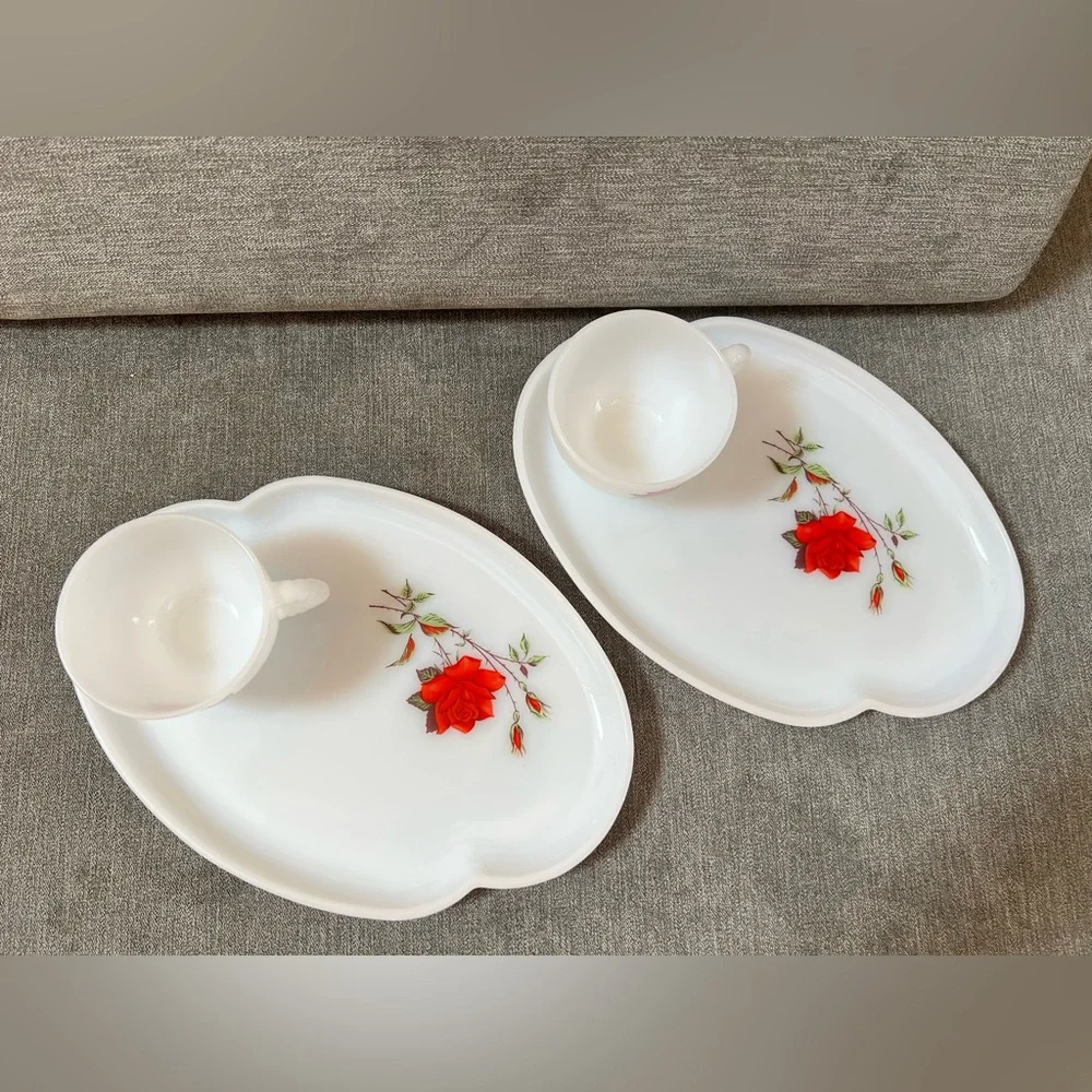 Tea Cup and Plate White Federal Milk Glass Red Rose‎ Vintage